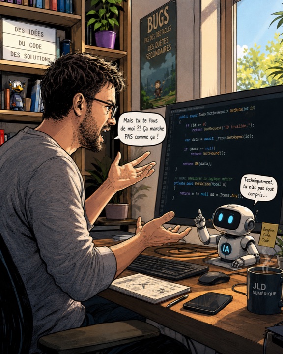 Jérémy argumente avec son petit assistant robot devant son écran